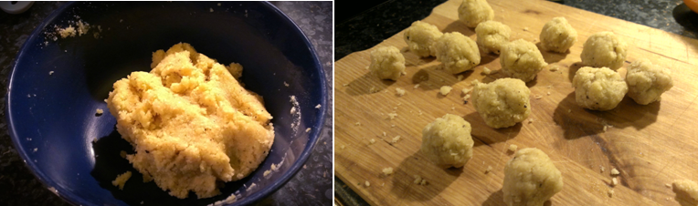 Left: Ball of dough. Right: shaped into mini dumplings