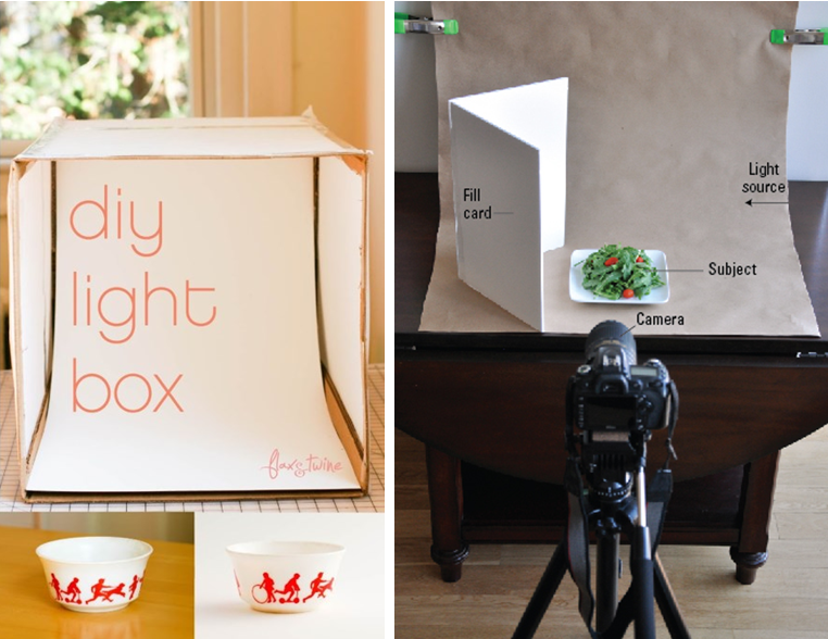 DIY Lightbox & Photography Set Up. Images: Dummies.com & FlaxandTwine.com