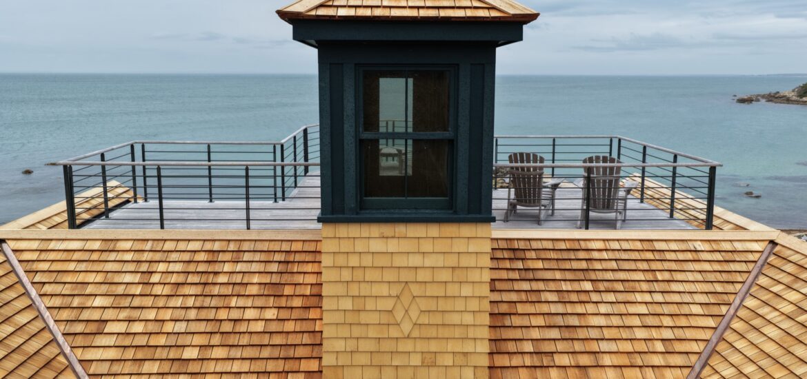 Red cedar roof with cupola and rooftop terraces