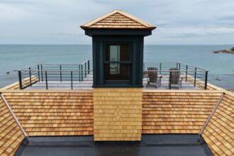 Red cedar roof with cupola and rooftop terraces